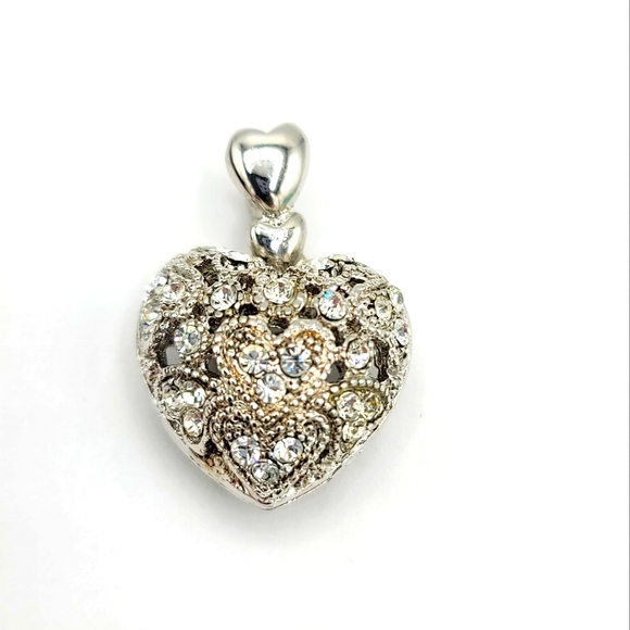 Vintage Jewelry - Rhinestone Milgrain Filigree Reversible Silver tone Bubble Heart Pendant Vintage